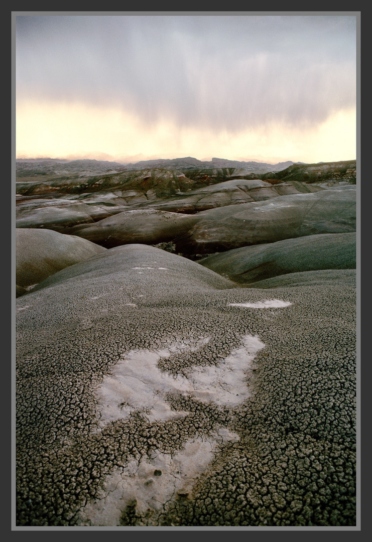 Badlands under a rare rain, near Hanksville, Utah, USA