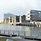 Bänke mit Blick über den Grasbrookhafen zur Dalmannkaipromenade und Elbphilharmonie.