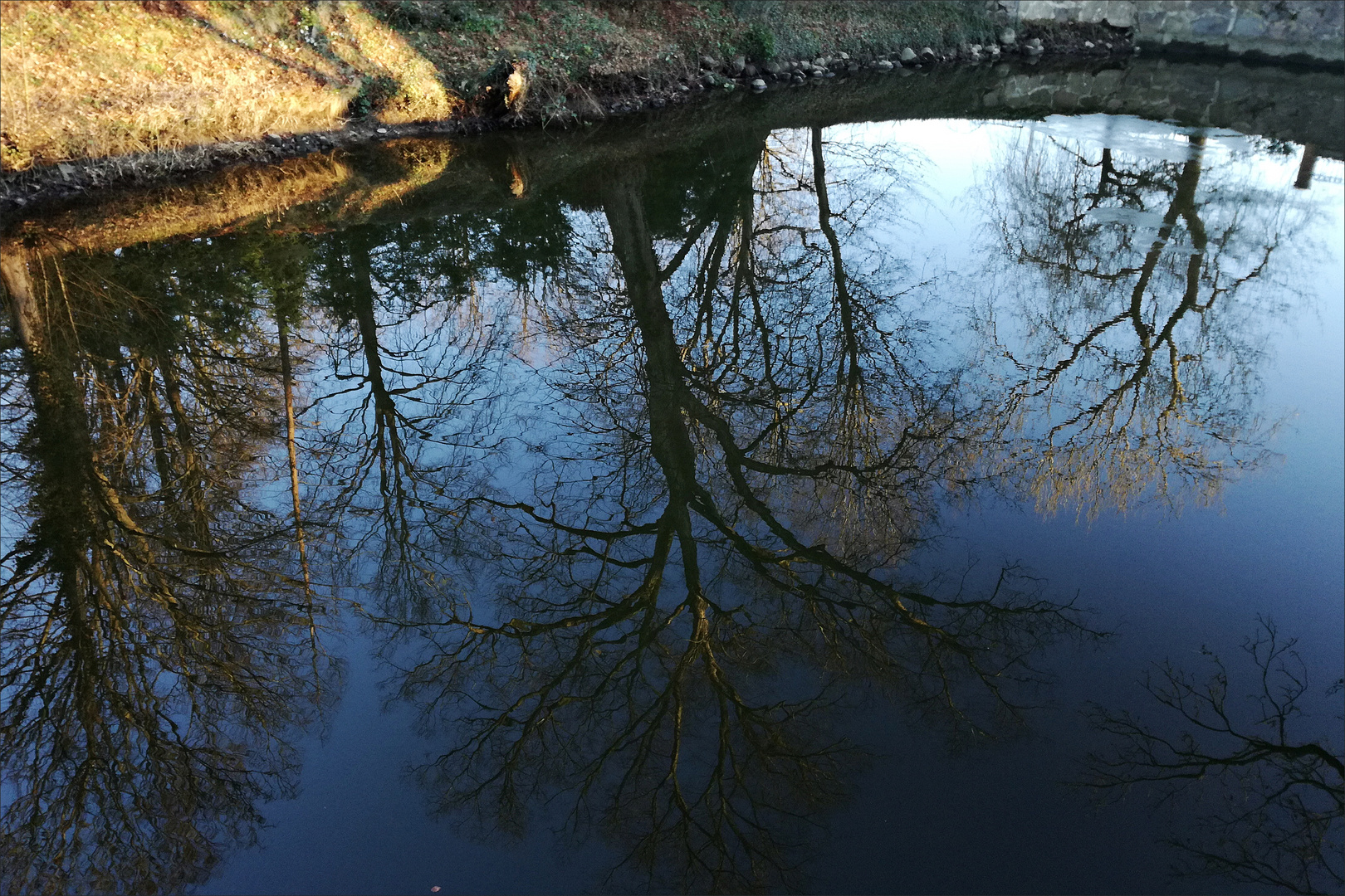 Bäume spiegeln sich im Wasser beim Gut Sierhagen