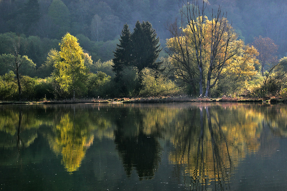 Baggersee mit Spiegelung im April