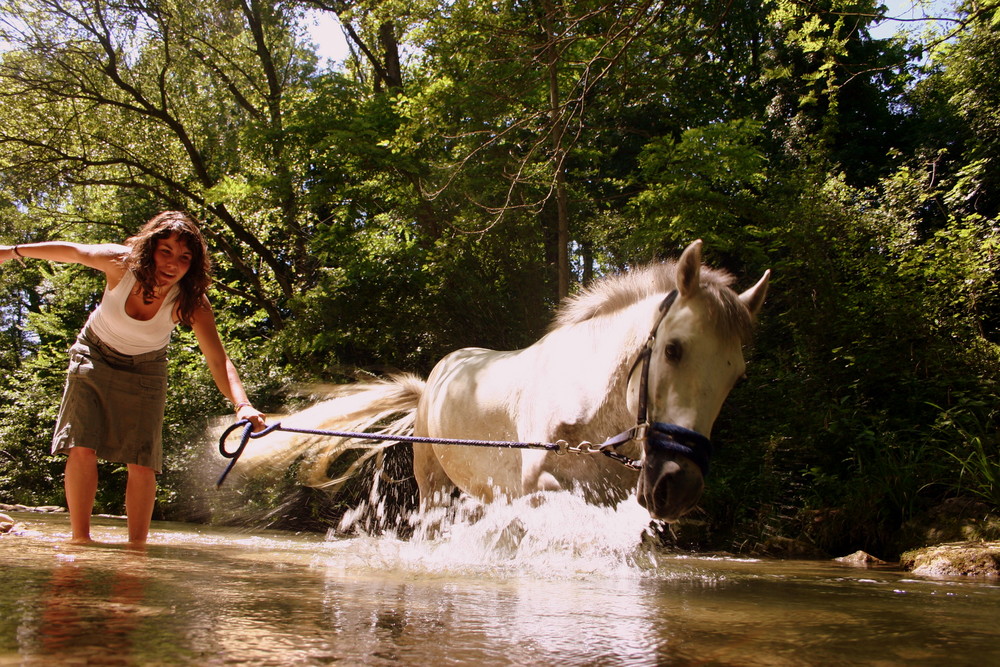 Baignade de La cavalière & Son poney