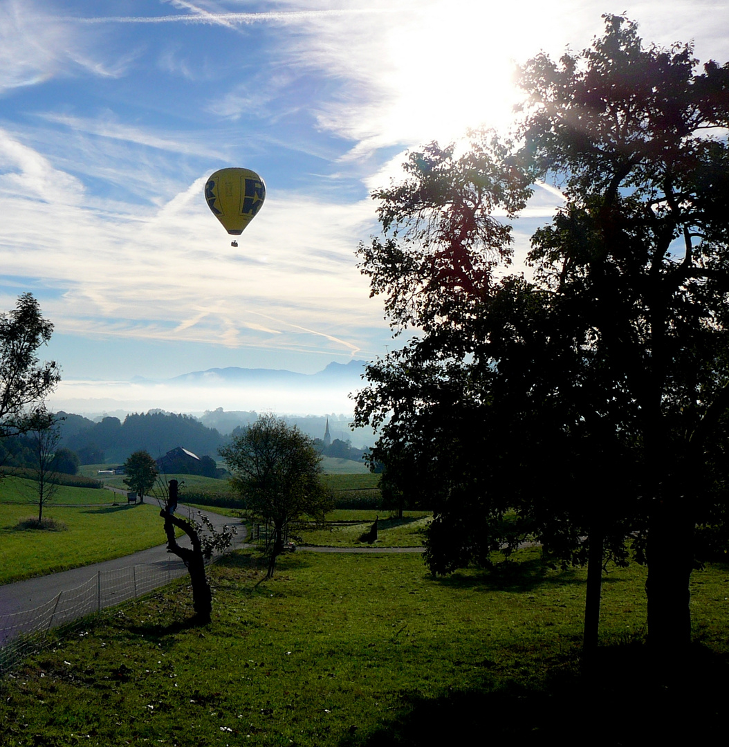 Ballon steigt in der Morgensonne hinauf...