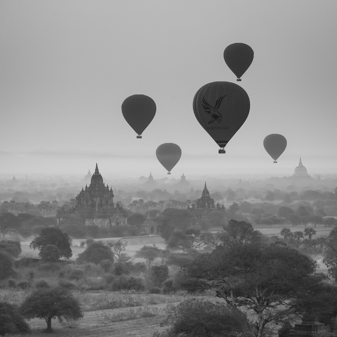 Ballons über Bagan in Schwarzweiß