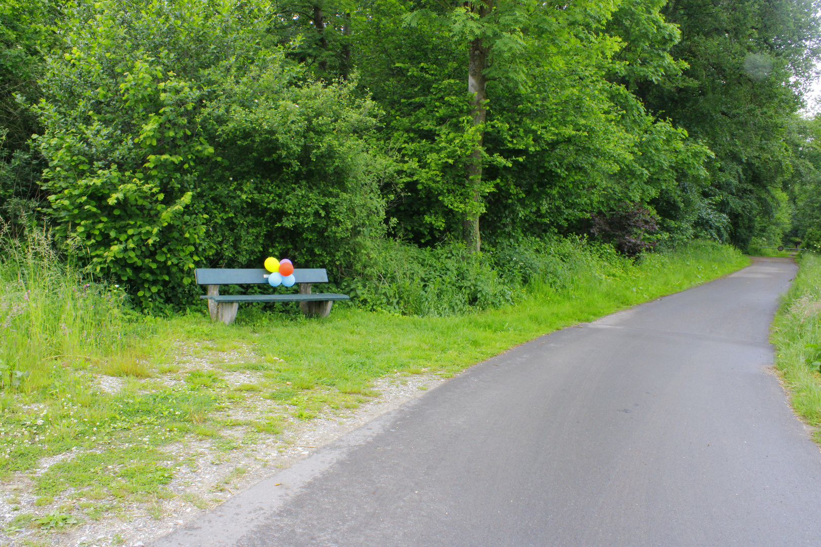 Bank in der Landschaft mit Ballons