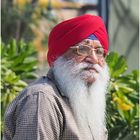 Barbe blanche, turban bleu et rouge