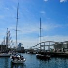 Barcelona; Rambla de Mar mit Blick auf die Holzbrücke