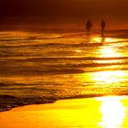 barfuß laufen wir durch Sand und Wasser umgeben von goldenem Sonnenlicht 
