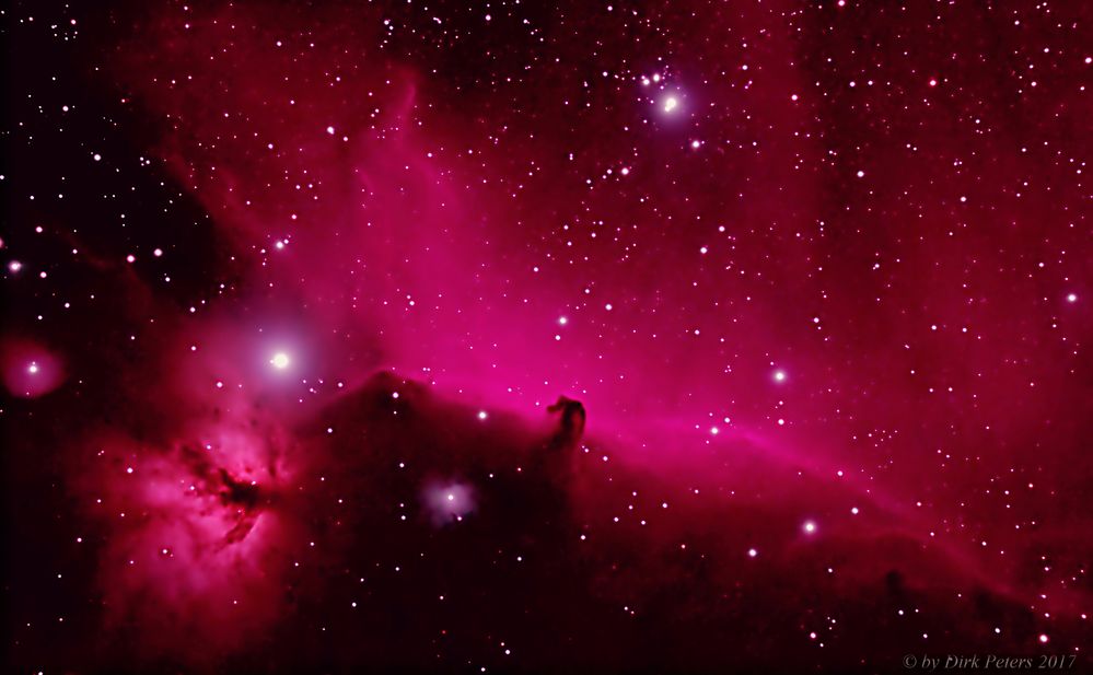 Barnards Pferdekopfnebel B 33 vor IC 434, Flammennebel, IC 432 und NGC 2023 im Sternbild Orion