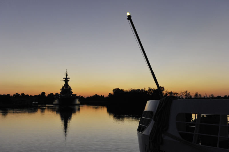 Battleship at sunset