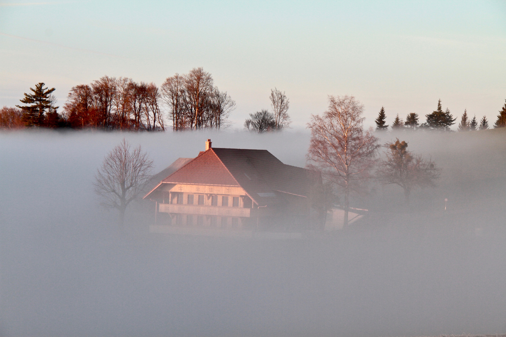 Bauernhaus vom Nebel umhüllt