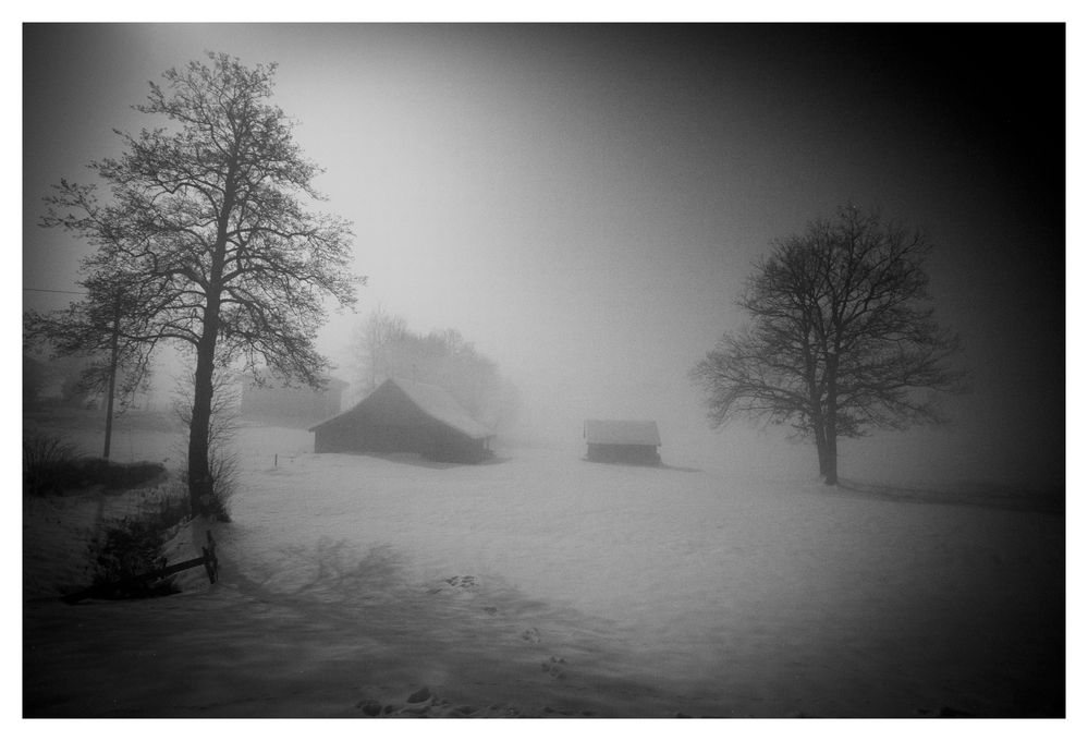 Bauernhof im Nebel in einer Mondnacht