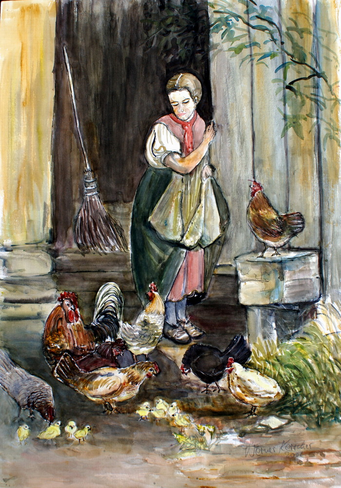 Bauernmädchen füttert Hühner