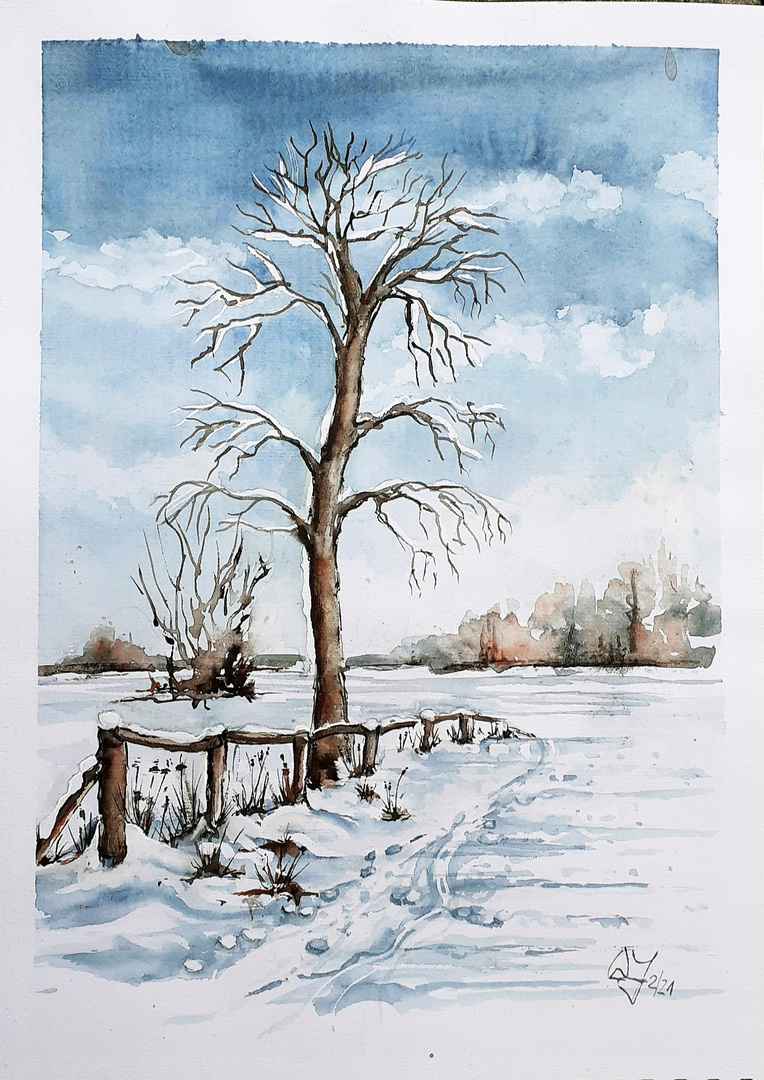 Baum mit Zaun im Winter