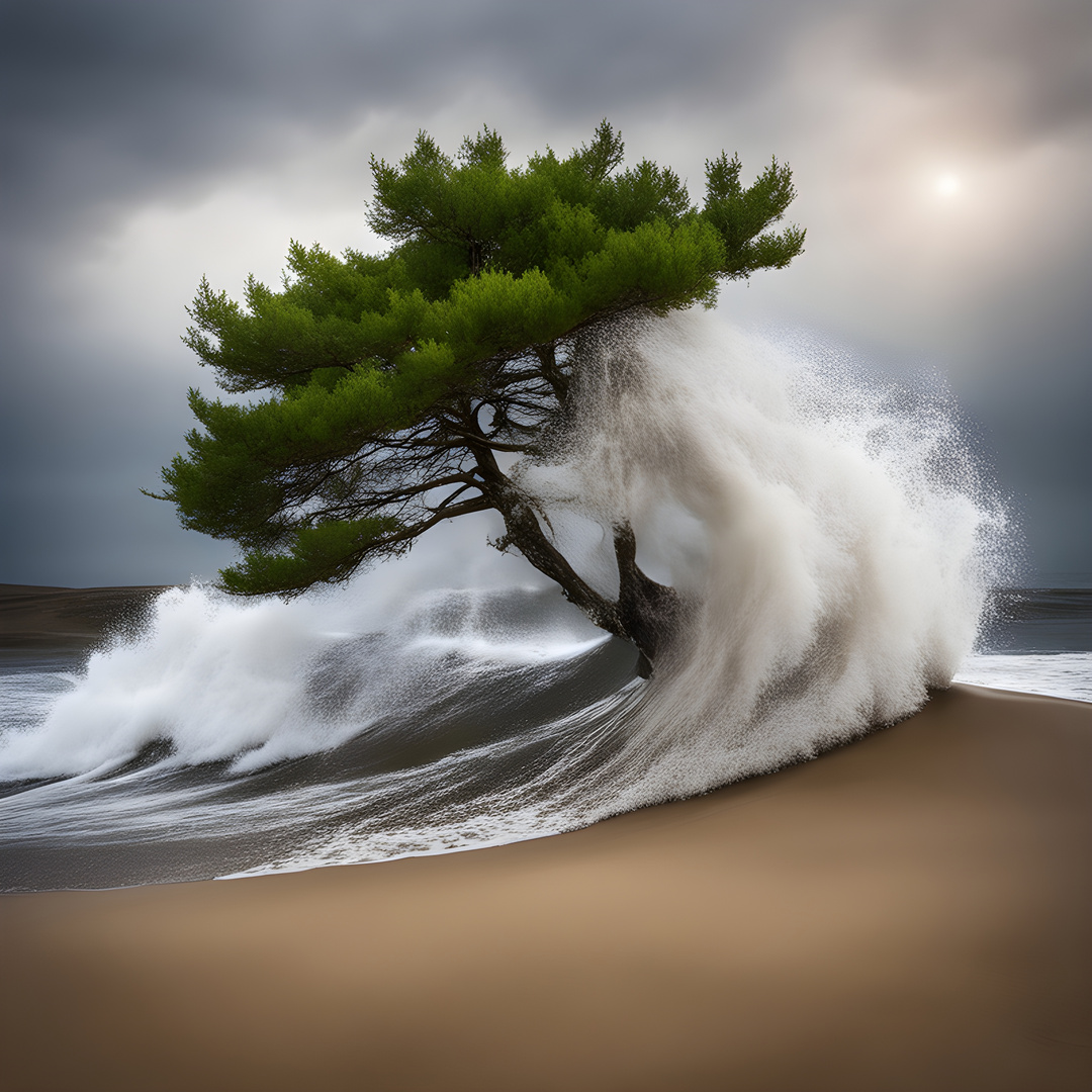 Baum wird von einer Wasserwelle erfasst