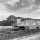 Bauwagen in blühender Landschaft