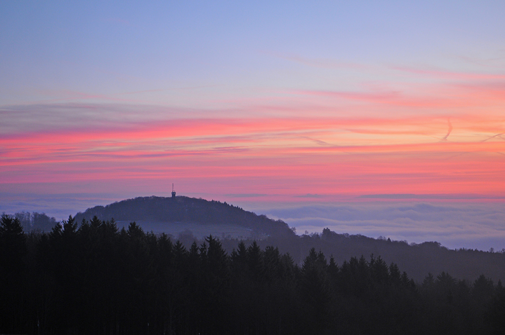 Bayrische Rhön: Blick aus der Thüringer Hütte auf die Rother Kuppe