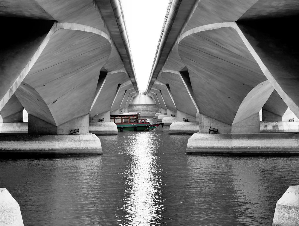 double bridge with green boat von Lothar Weuthen