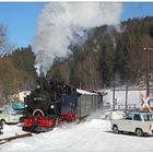 Begegnung mit zwei Trabis an einem Bahnübergang in Schmalzgrube