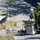 begutachtet die Skulptur wendet kehrt zurück zum Weiher