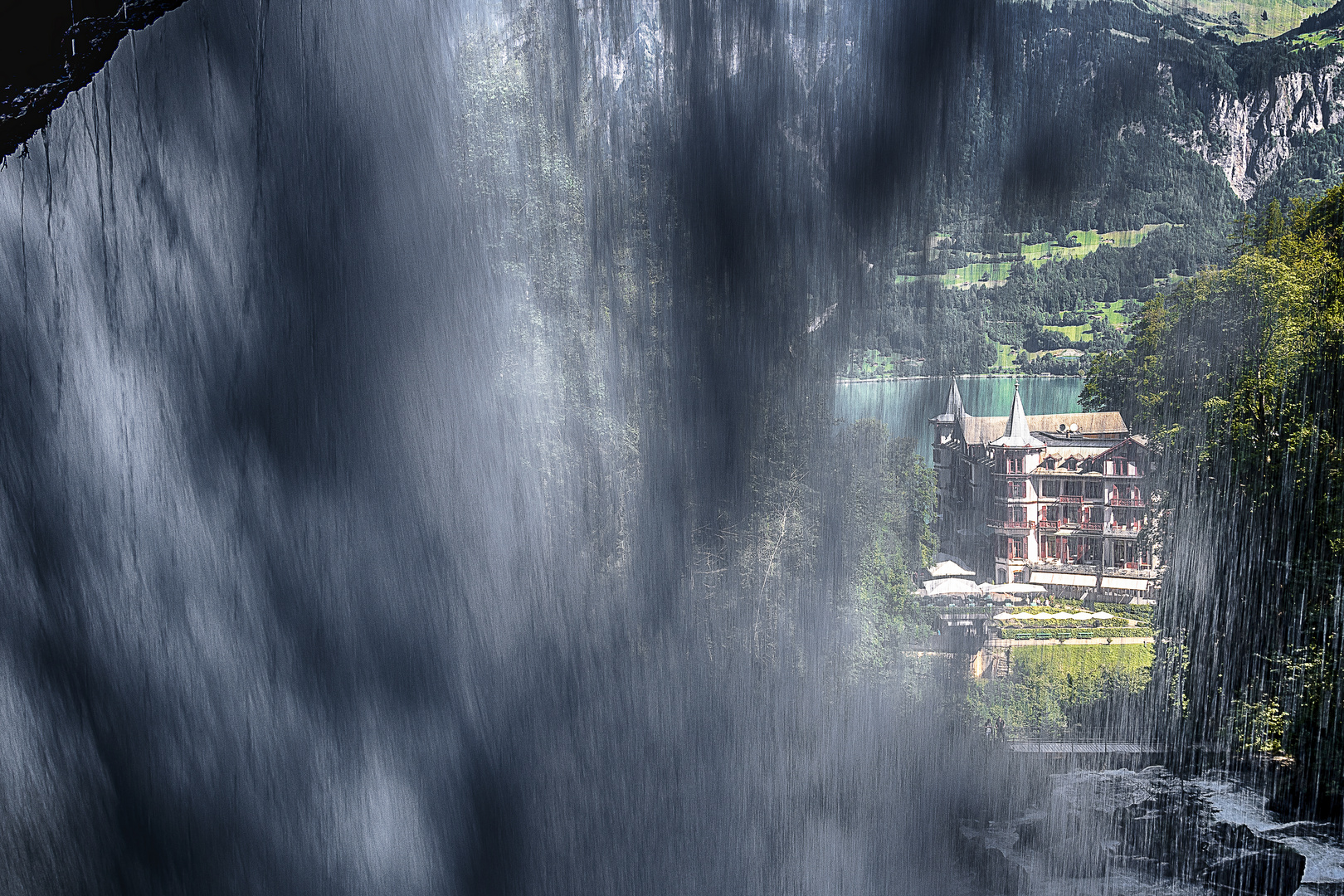 Behind the waterfalls