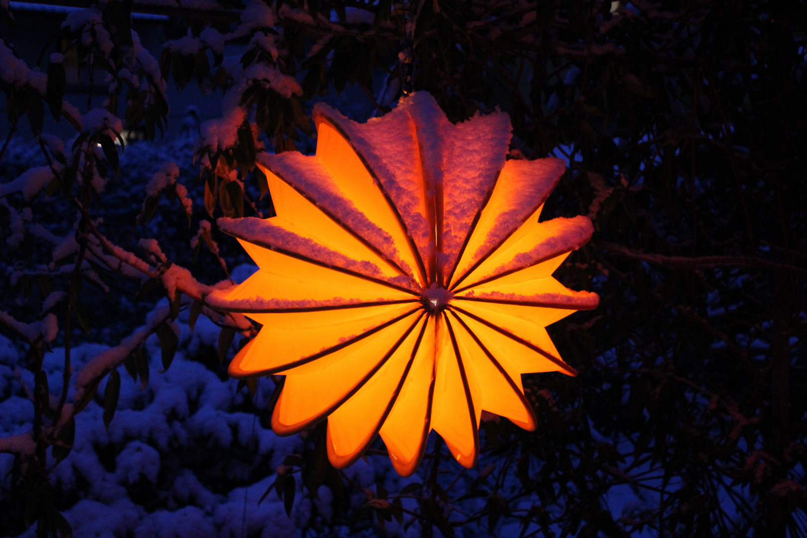 Beleuchteter wetterfester Lampion bei Nacht