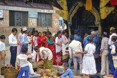 Believers give offerings to the Hindu deities