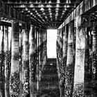 below the wooden pier