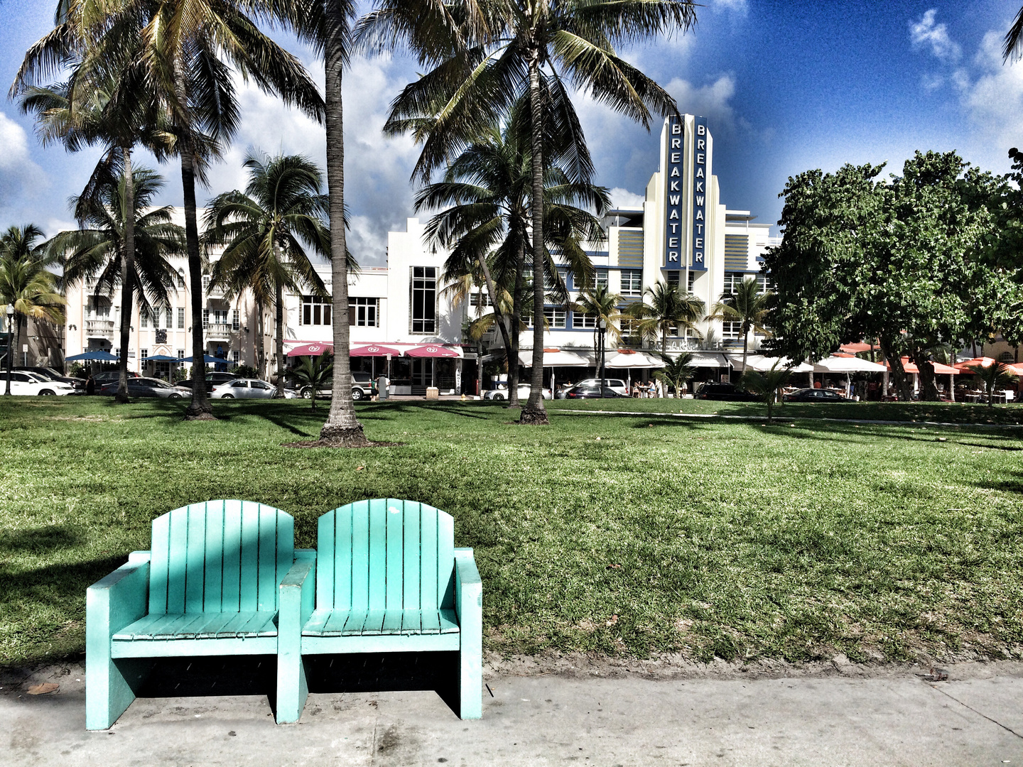 Bench in the Lummus Park next to Ocean Drive in South Beach Miami