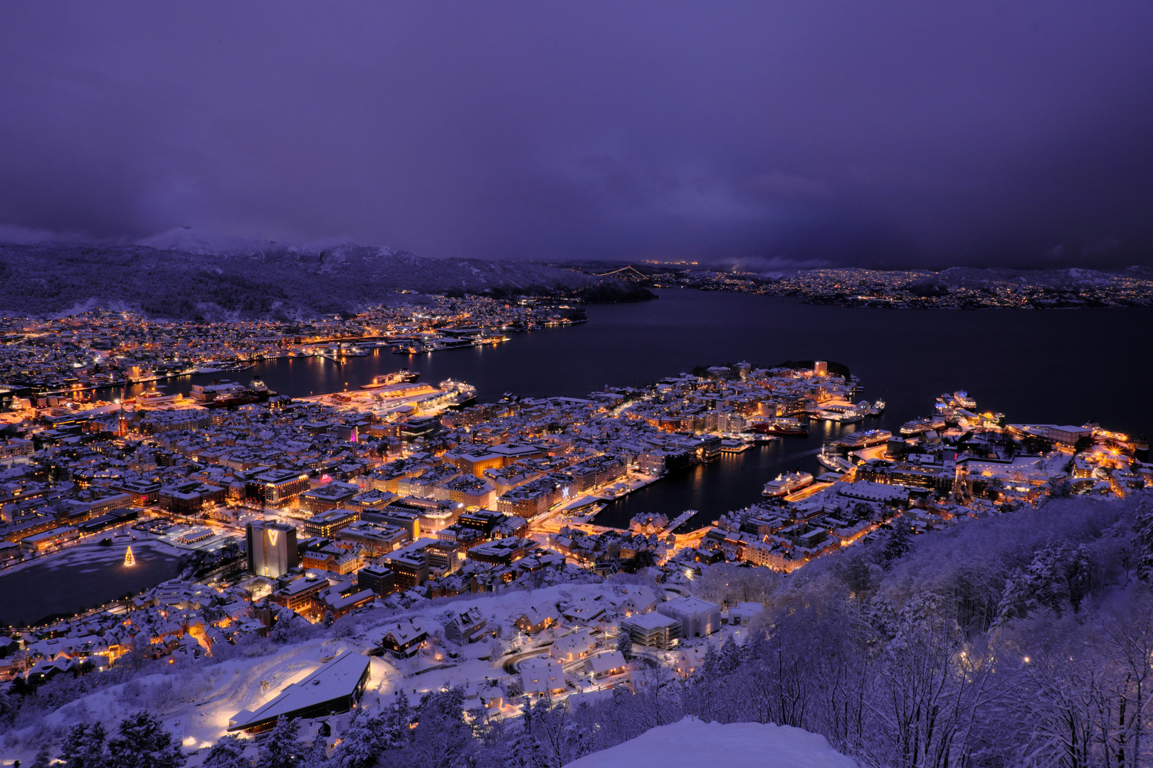 Bergen @ night with snow