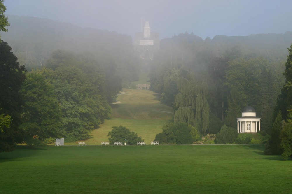 Bergpark im Morgennebel