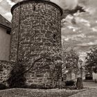 bewachsener Turm der Stadtmauer