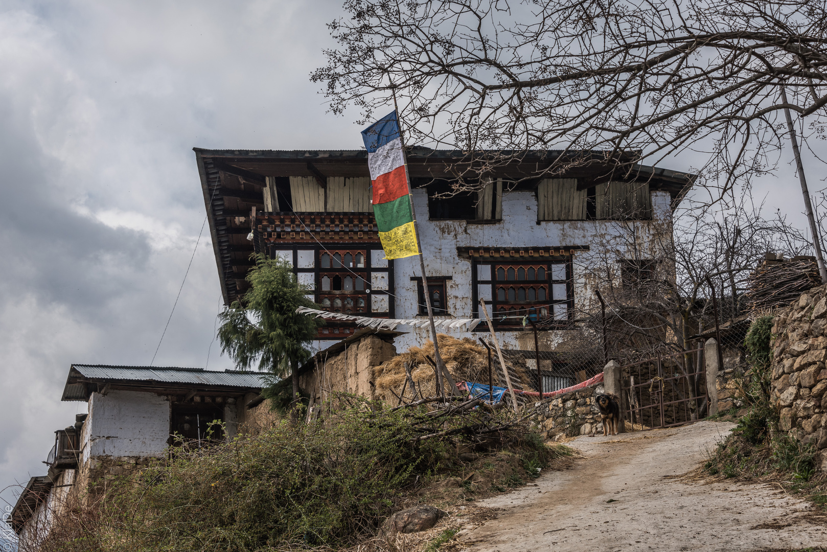 Bhutan - Paro - Bauernhaus mit Gebetsfahnen