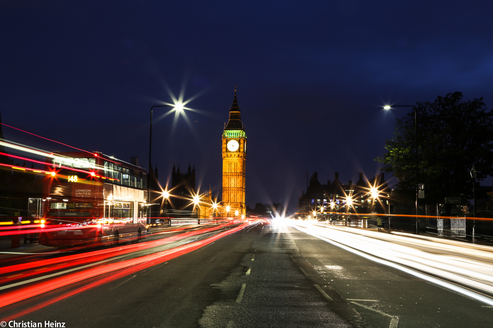 Big Ben and Westminster Bridge at night.