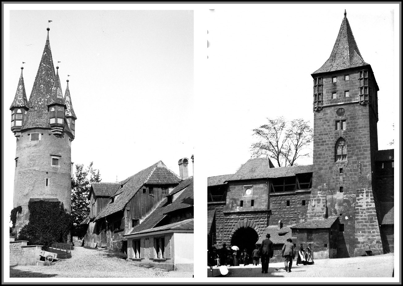 Bild links - Wo steht dieser Turm von 1895 ? -Bild rechts-Nürnberg, Tiergärtner Tor i. d. Bergstr.