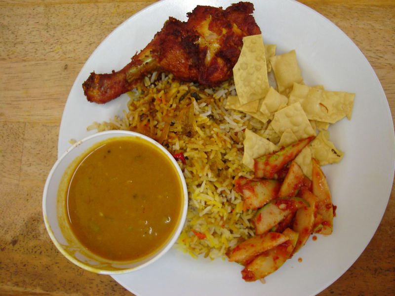 Biryani Rice with Chicken, Curry and Salad
