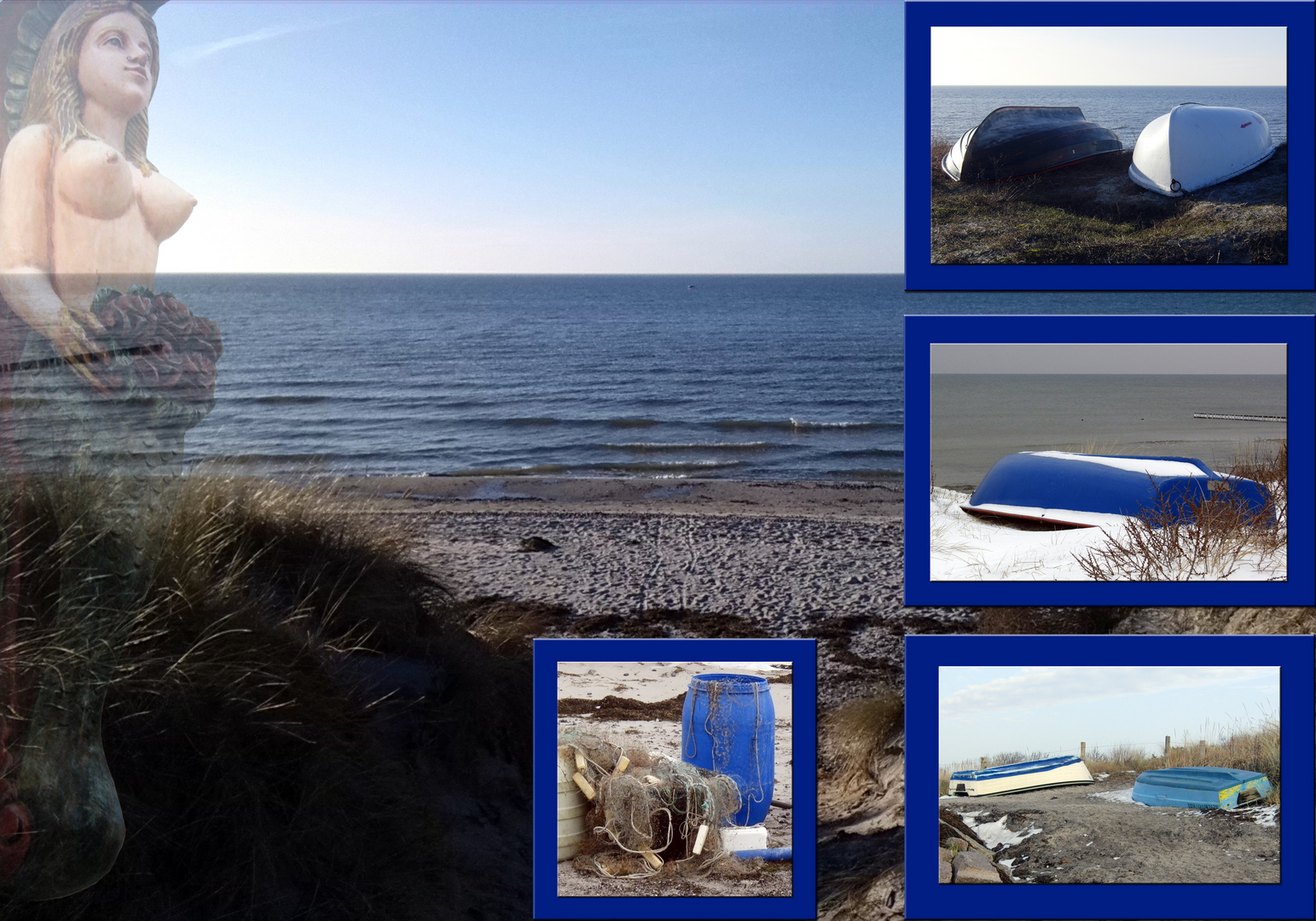 Blaue Boote am Strand