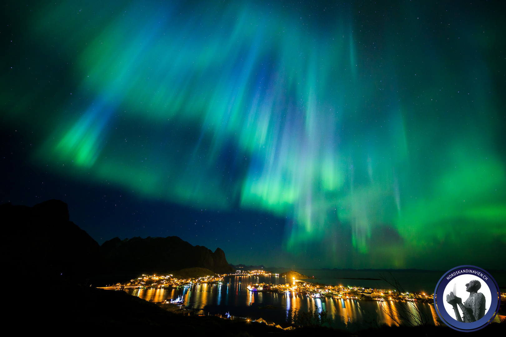 Blaue Nordlichter über dem Reinefjord