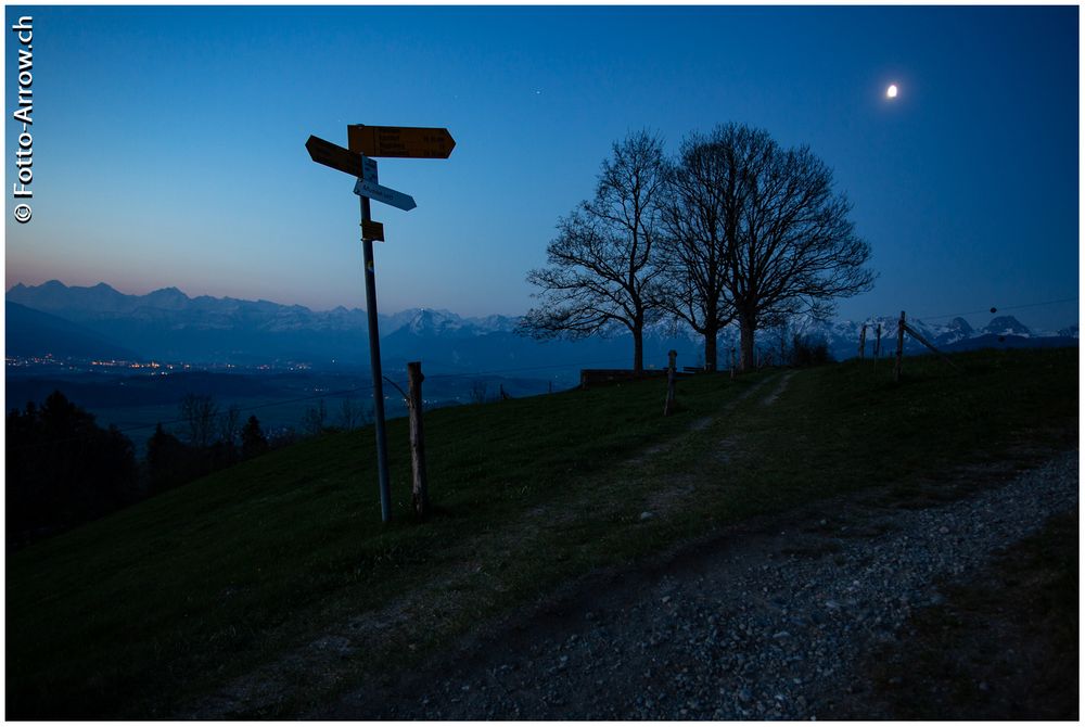 Blaue Stunde mit Wegweiser Richtung Mond