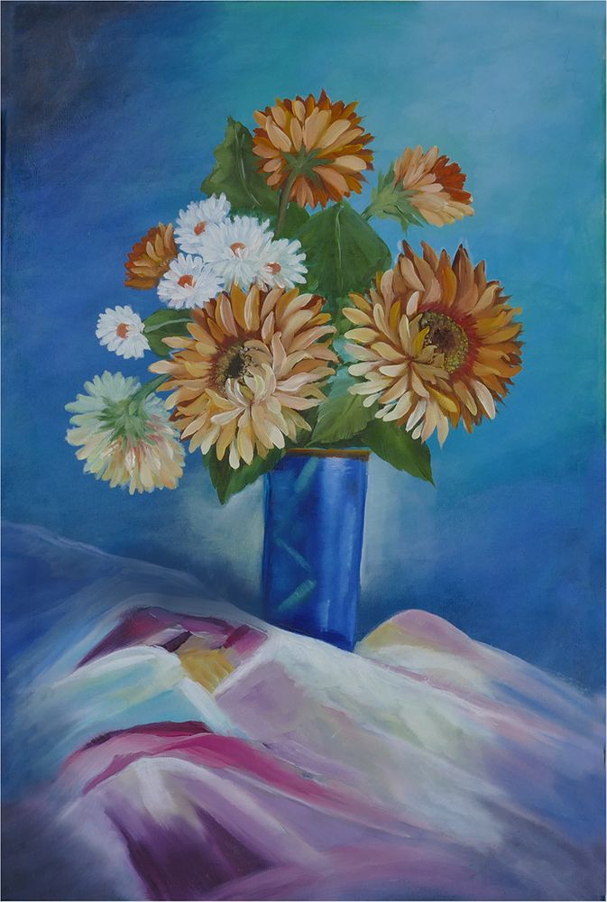 Blaue Vase mit Sonnenblumen