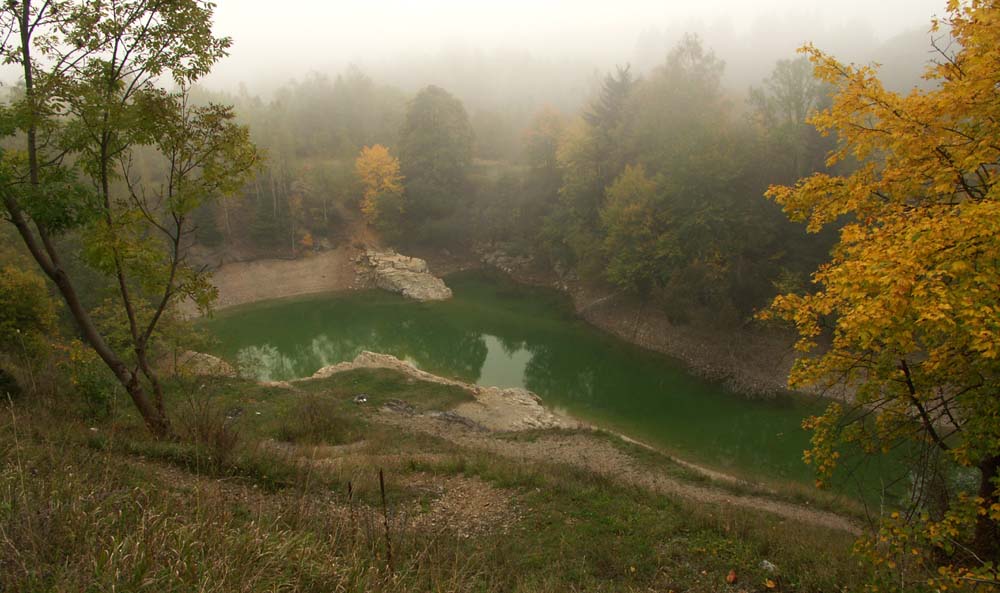 Blauer See im Nebel