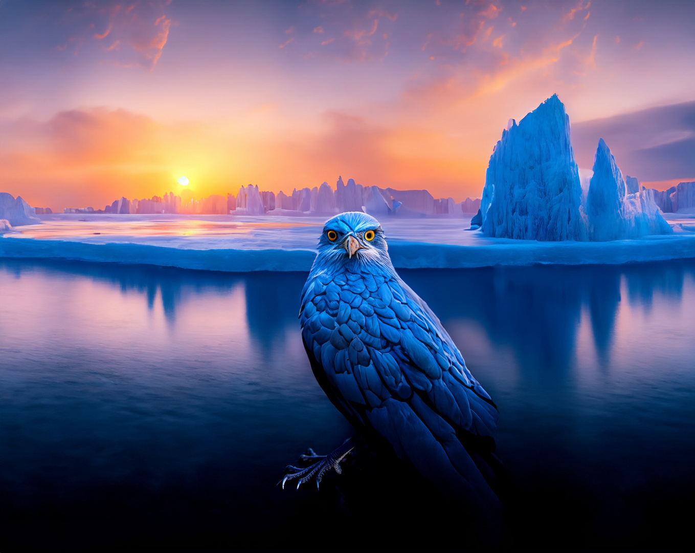 Blauer Vogel in einer Eislandschaft