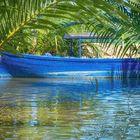 blaues Boot mit Palmen
