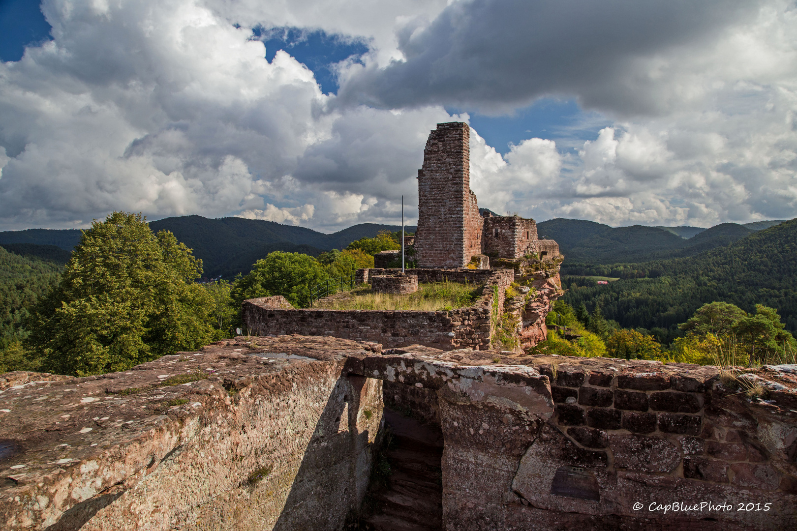 Blick auf Burg Altdahn mit Wasgau Landschaft