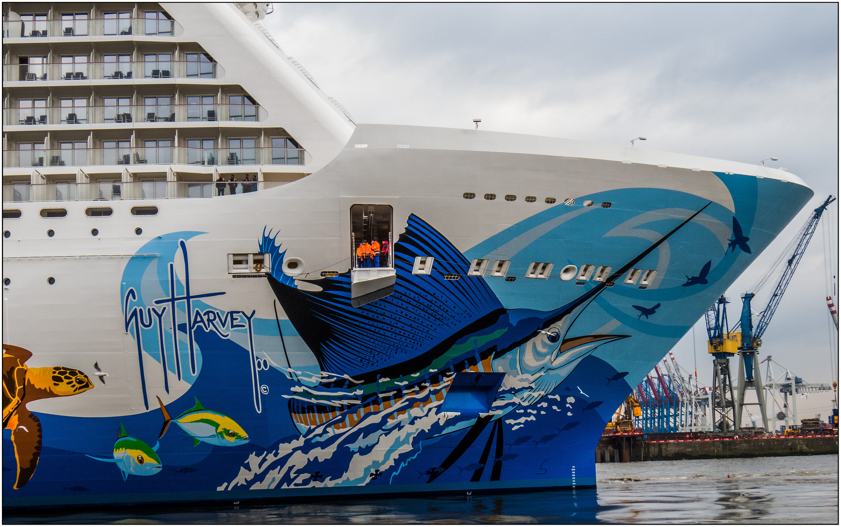 Blick auf das Bugbild der NORWEGIAN ESCAPE von Guy Harvey ....