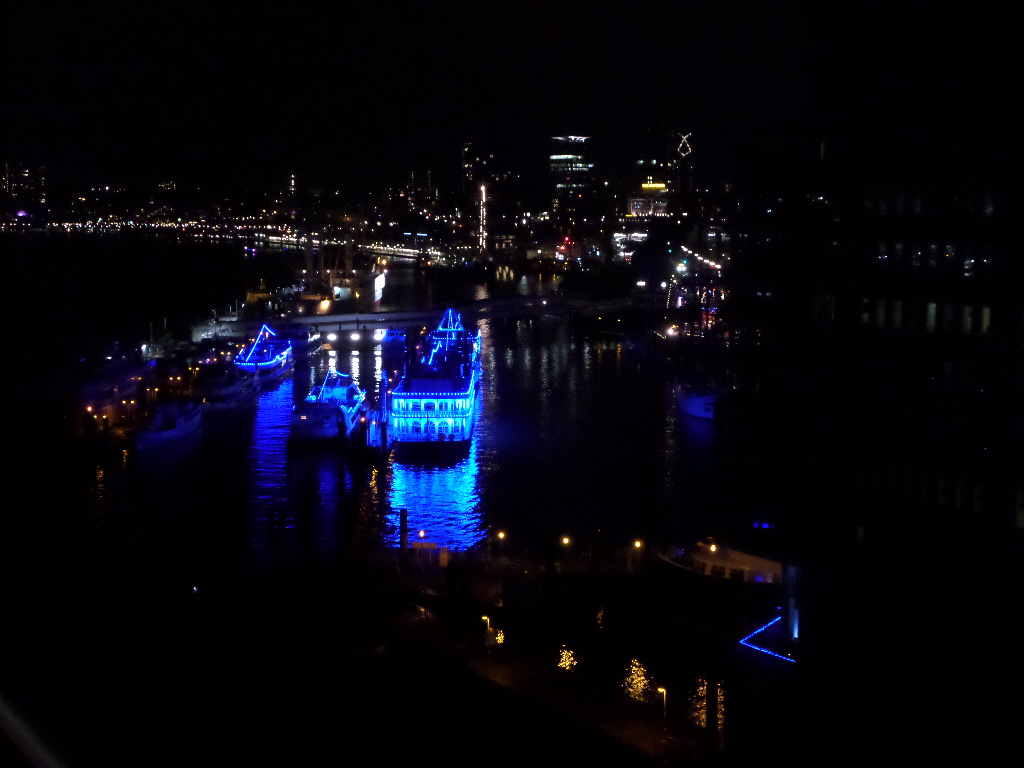 Blick auf den HH Hafen bei Nacht von der Elbphilharmonie