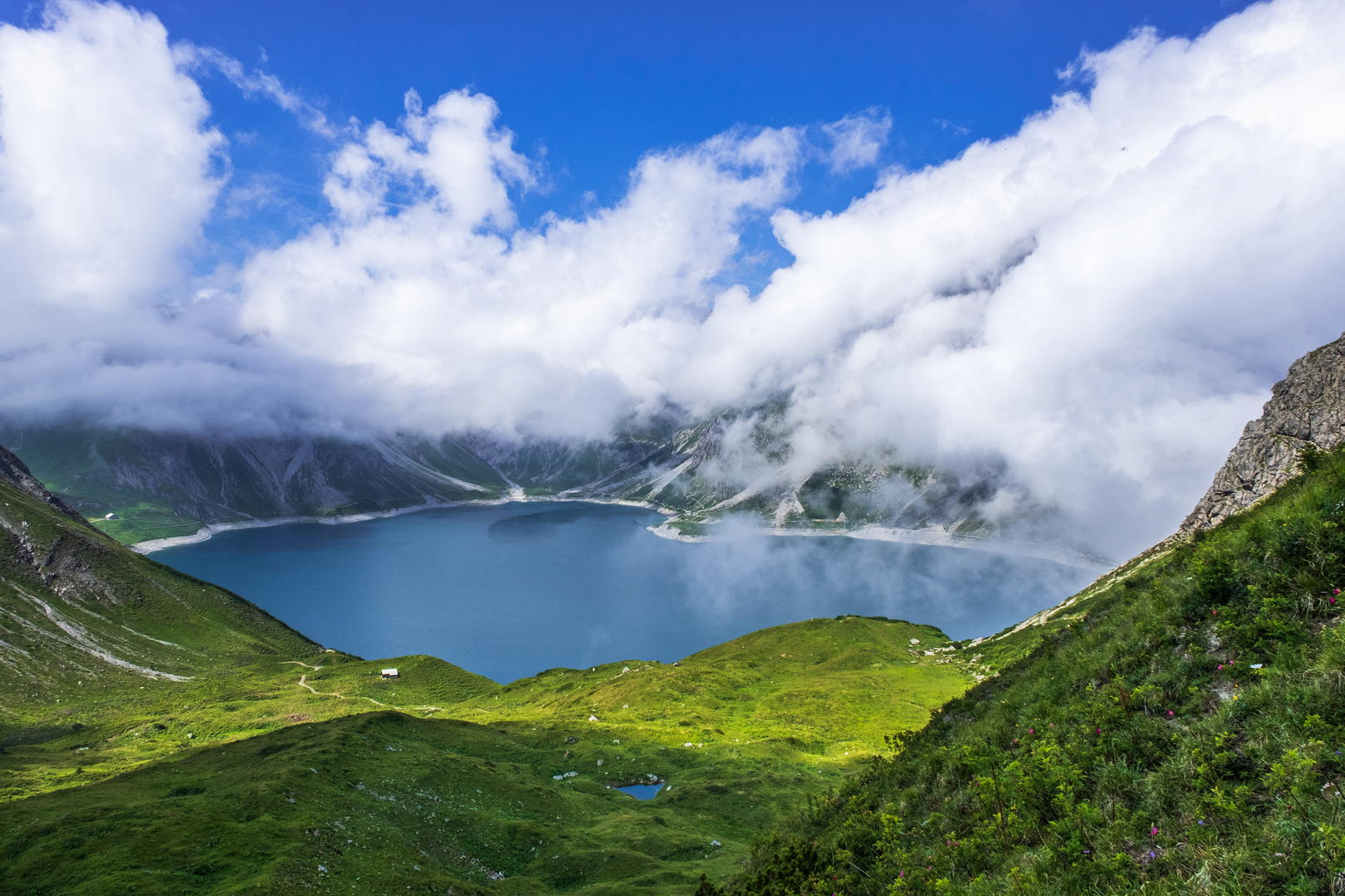 Blick auf den Lünersee (1970 m) von der Lünerkrinne aus