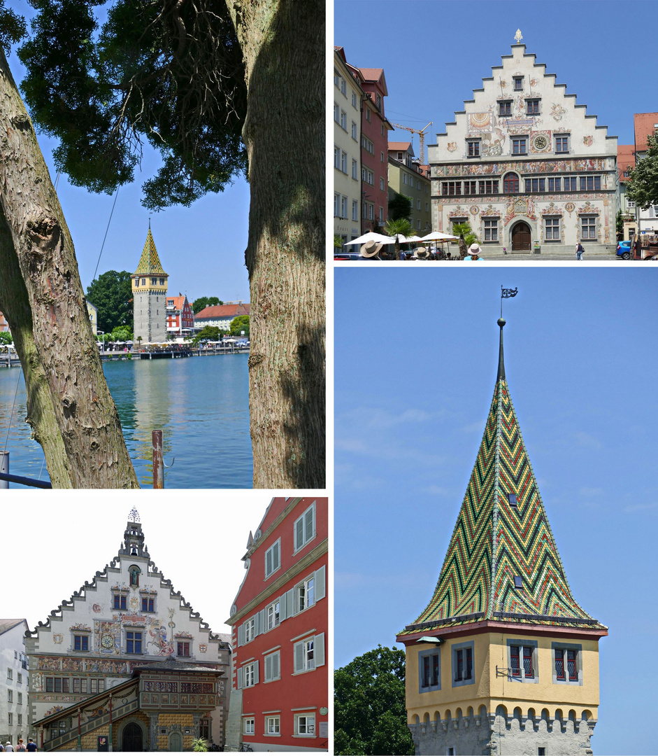 Blick auf den Mangturm und das Alte Rathaus (Vor- und Rückseite) in Lindau