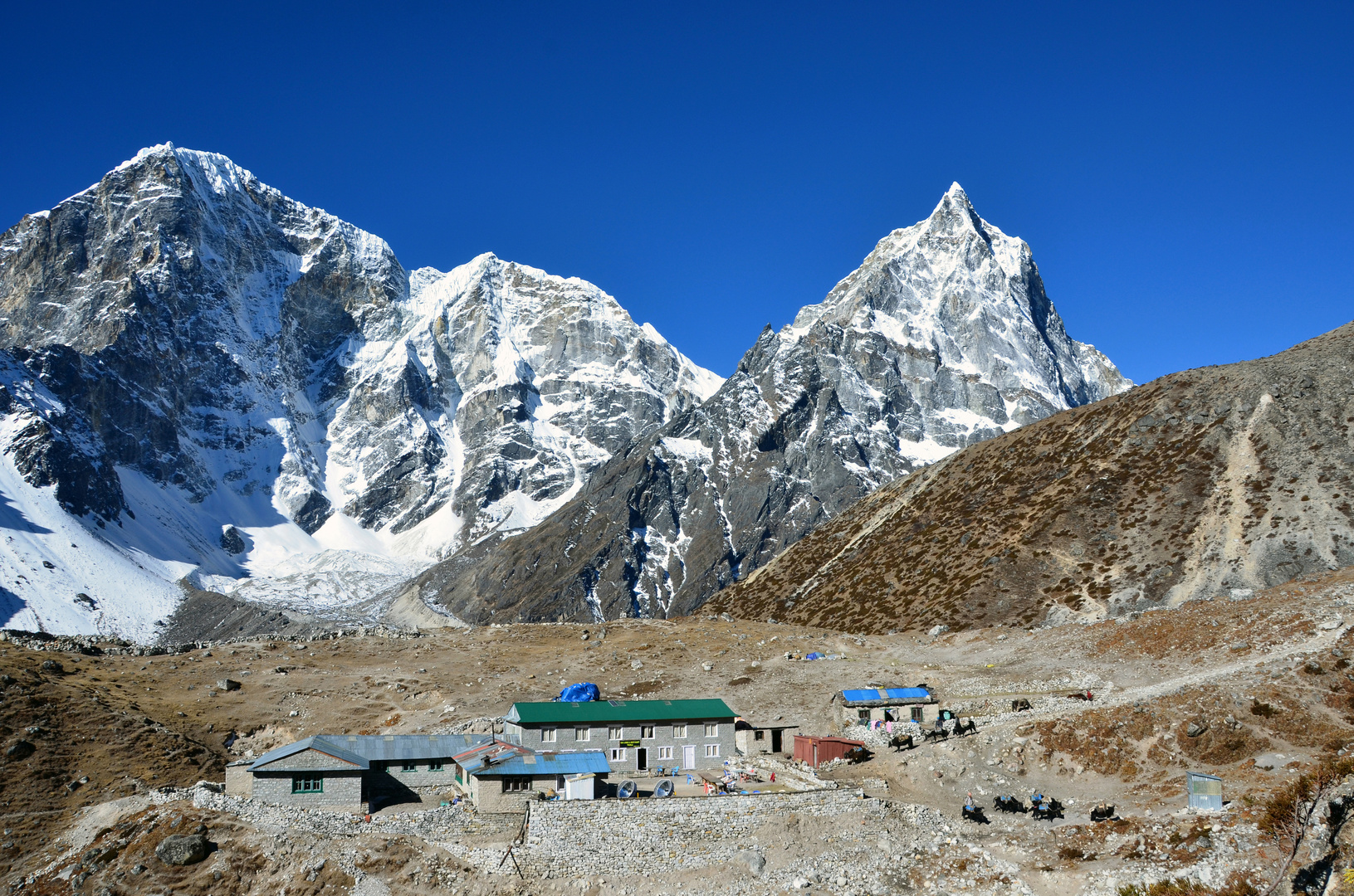 Blick auf die Alp Dughla mit Taboche (6501m) und Cholatse (6440m)