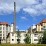 Blick auf die alten Gebäude von Kaffeee HAG