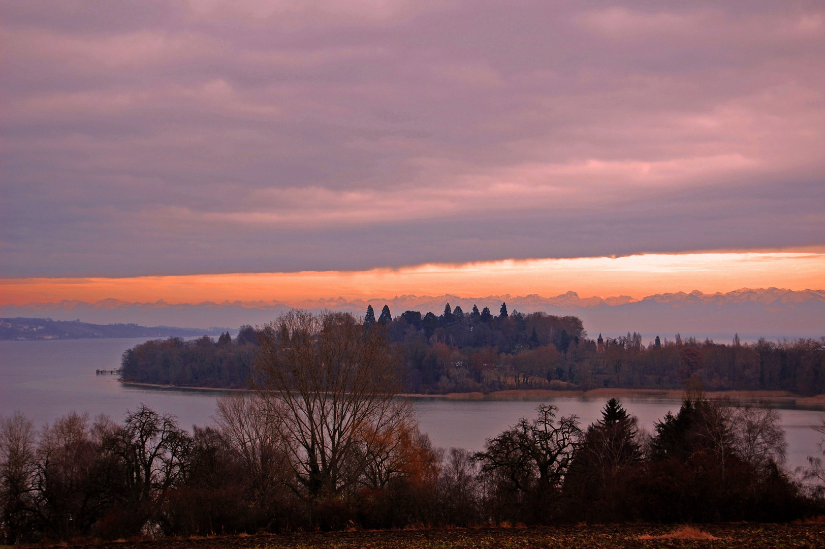 Blick auf die Insel Mainau und die Alpen